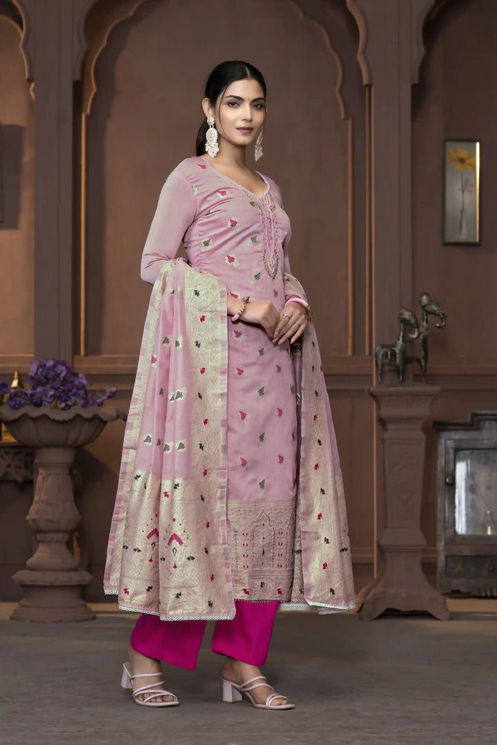 Muslin Salwar Kameez | Graceful Embroidered Detailing with Banarasi Dupatta
