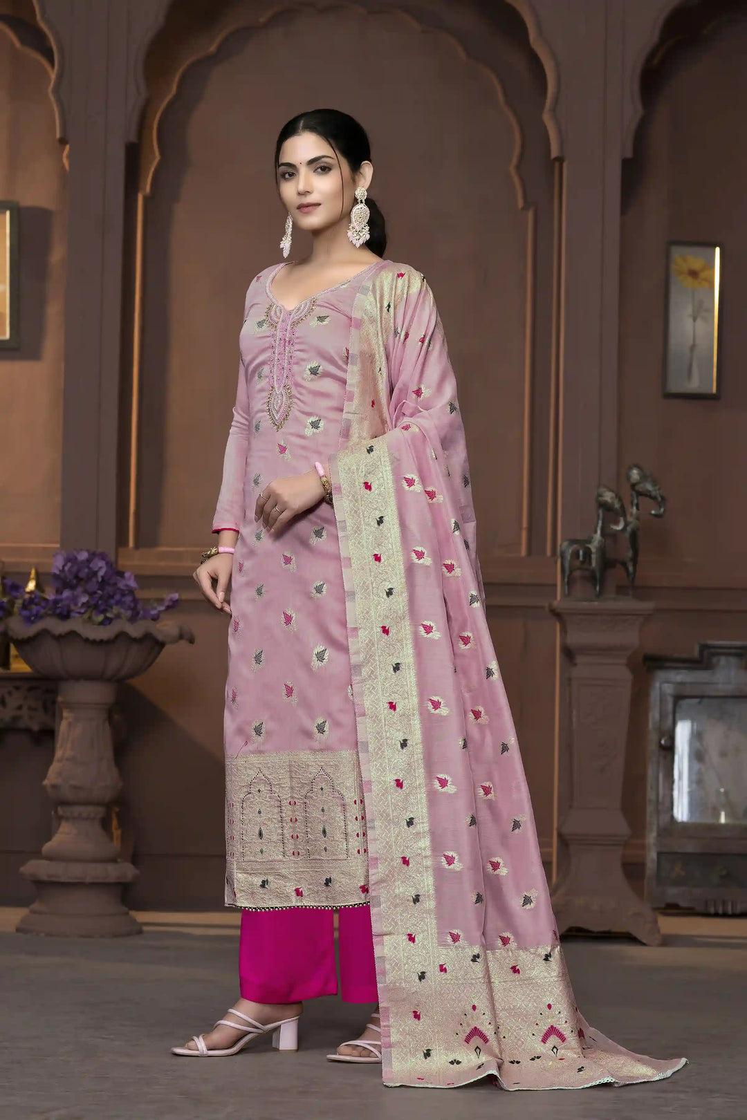 Muslin Salwar Kameez | Graceful Embroidered Detailing with Banarasi Dupatta
