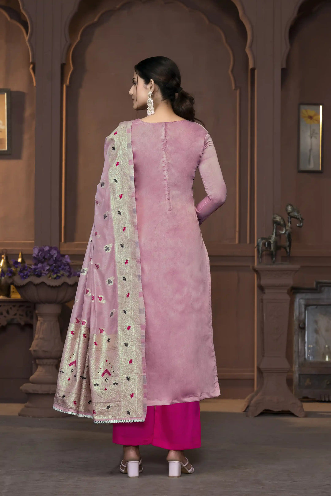 Muslin Salwar Kameez | Graceful Embroidered Detailing with Banarasi Dupatta
