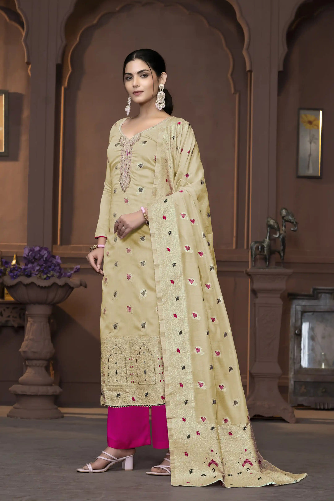 Muslin Salwar Kameez | Graceful Embroidered Detailing with Banarasi Dupatta