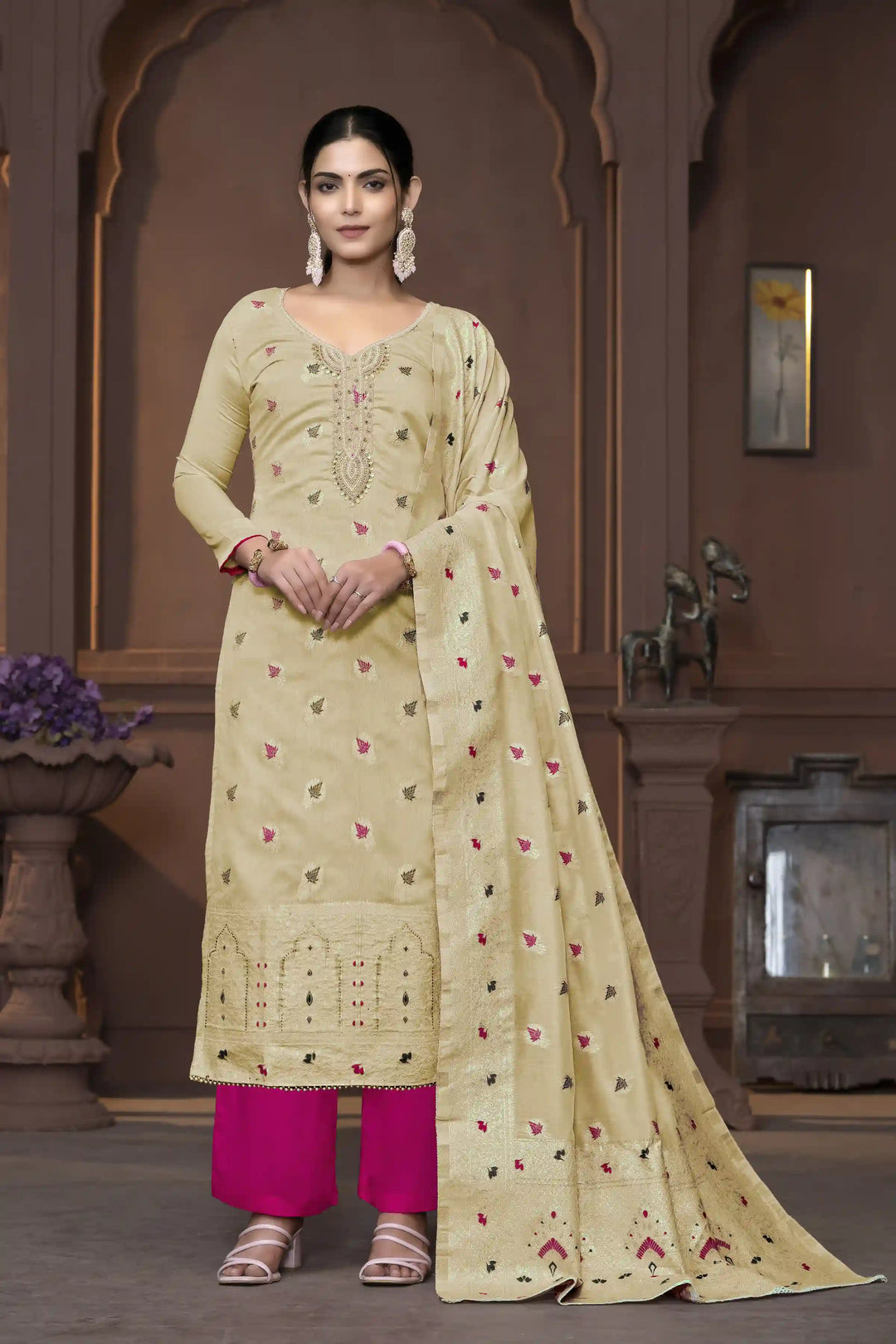 Muslin Salwar Kameez | Graceful Embroidered Detailing with Banarasi Dupatta