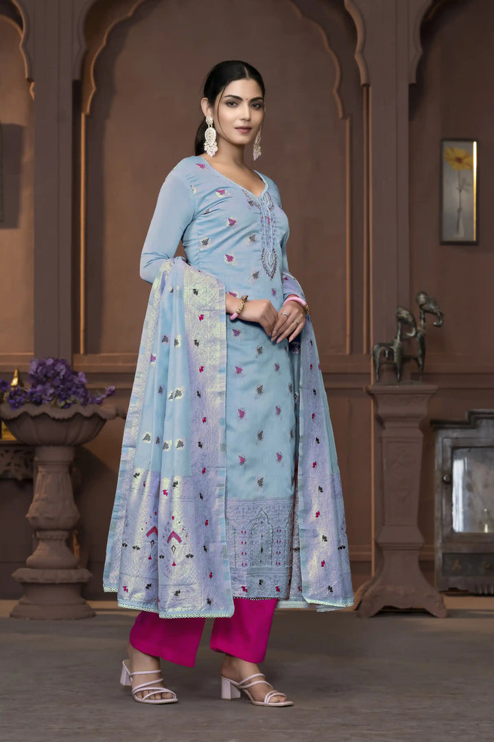 Muslin Salwar Kameez | Graceful Embroidered Detailing with Banarasi Dupatta