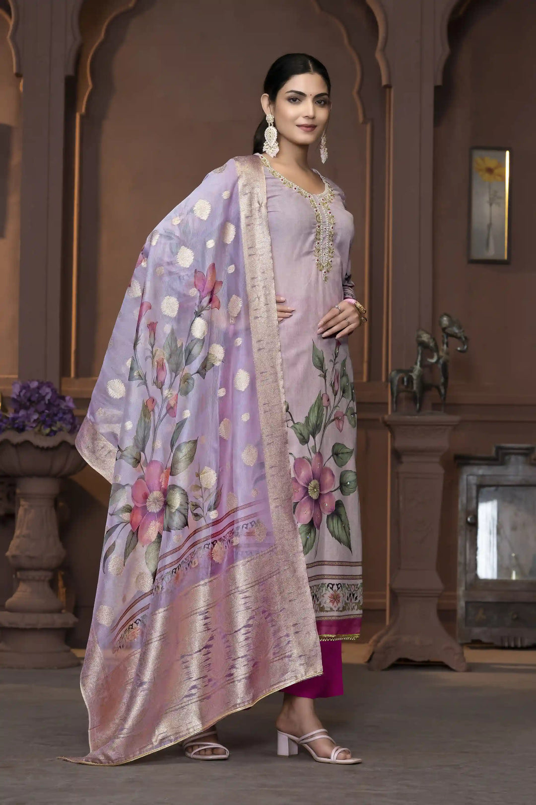 Wevon Designer Hand Work Salwar Kameez | Elegant Cambric Cotton Floral Suit