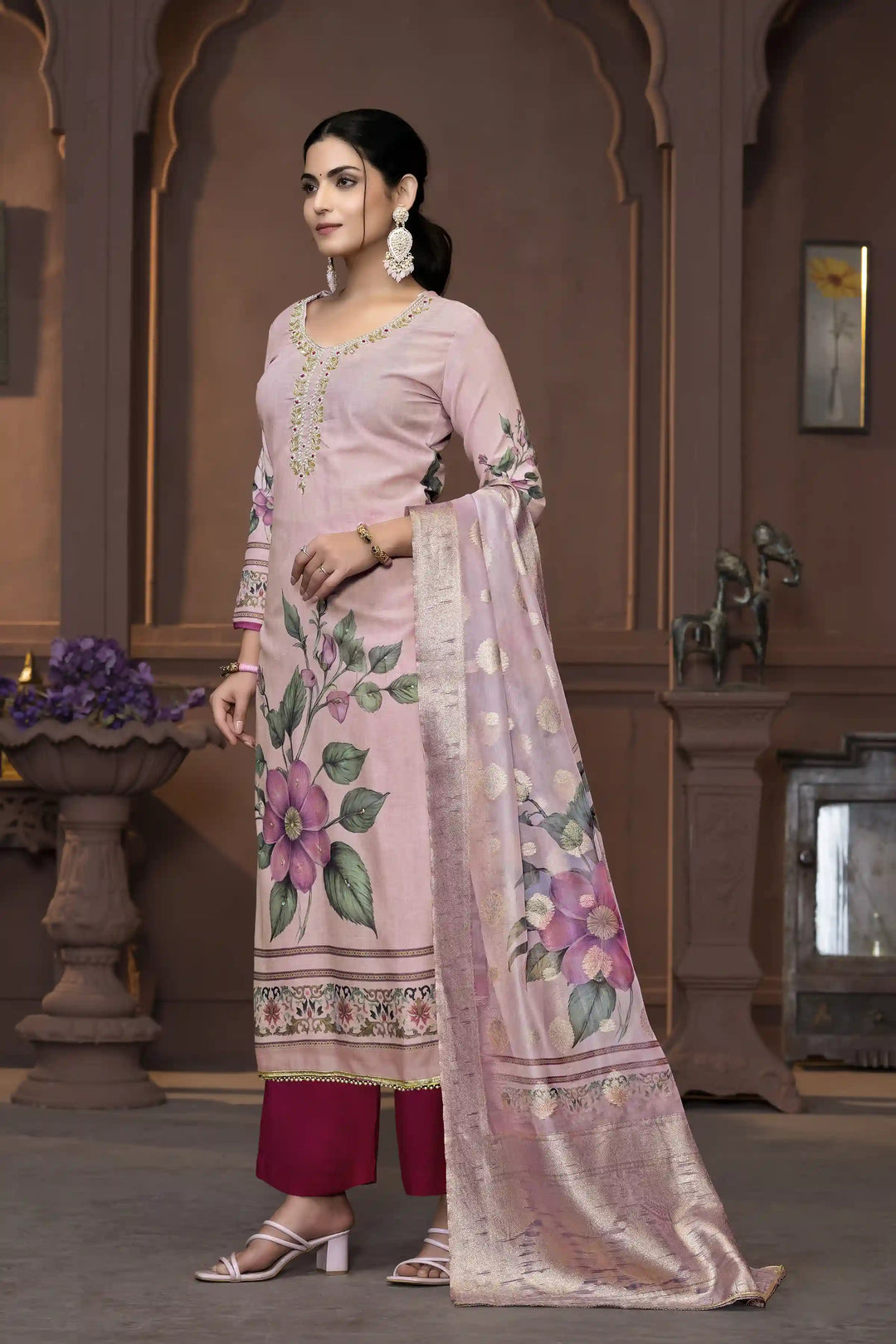 Wevon Designer Hand Work Salwar Kameez | Elegant Cambric Cotton Floral Suit