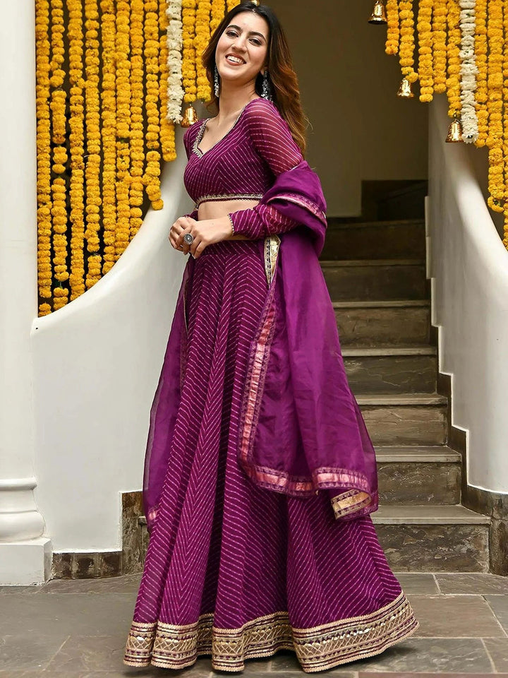 Designer Wine Georgette Lehenga | Laheriya Print & Intricate Zari Work