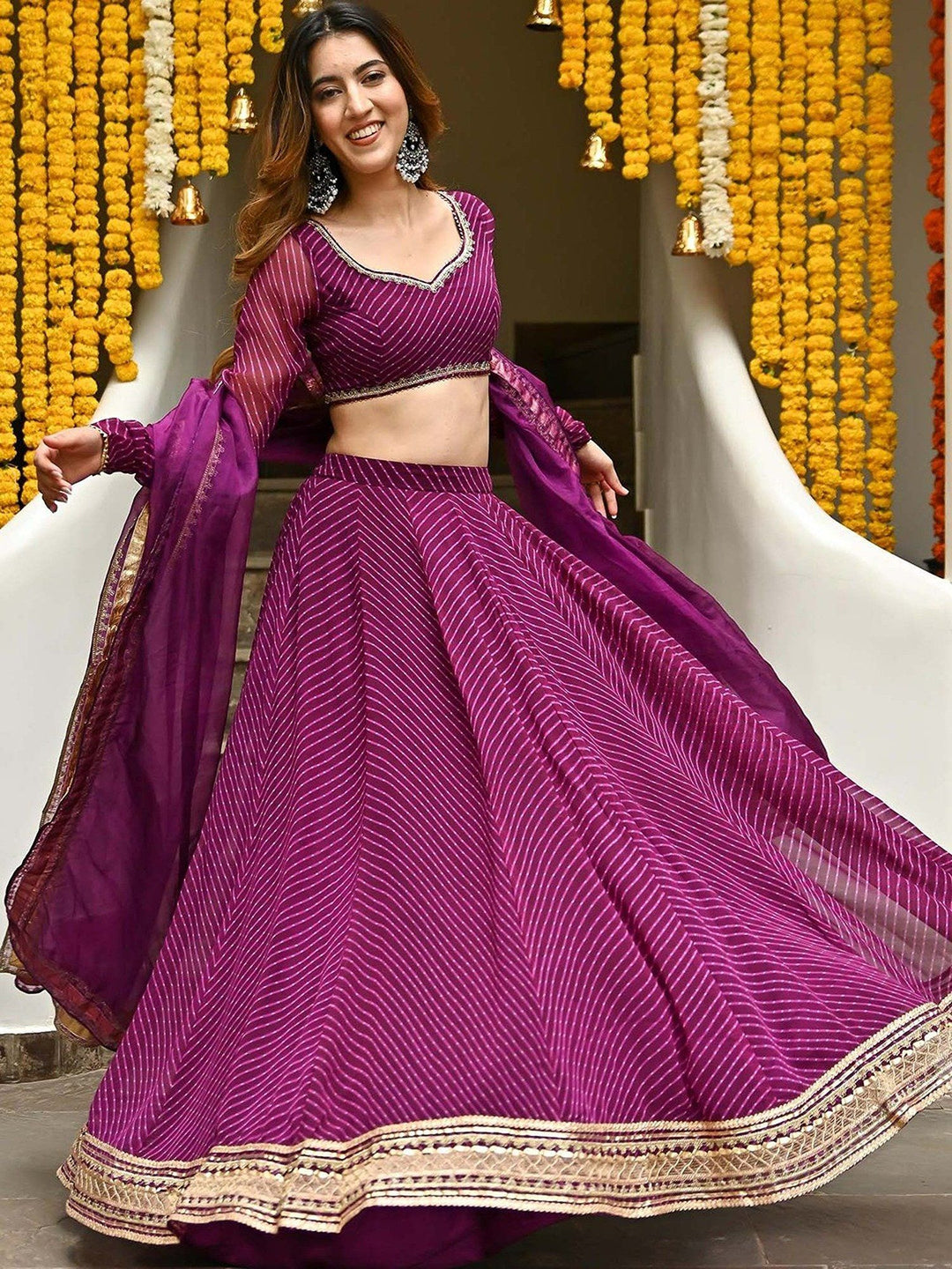 Designer Wine Georgette Lehenga | Laheriya Print & Intricate Zari Work