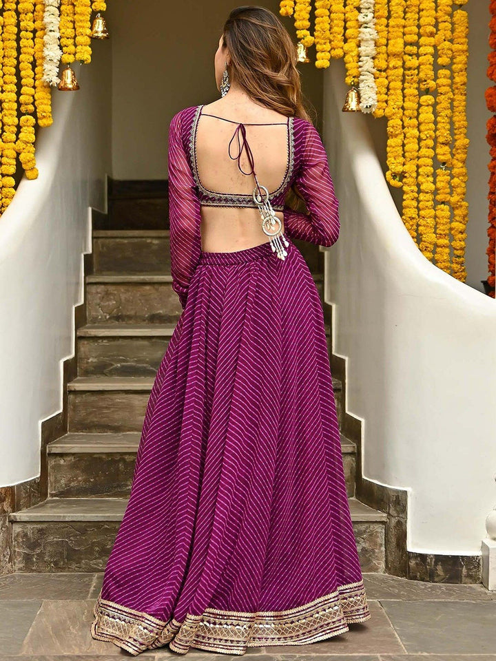 Designer Wine Georgette Lehenga | Laheriya Print & Intricate Zari Work