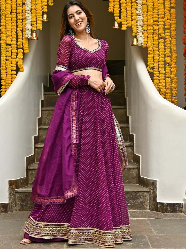 Designer Wine Georgette Lehenga | Laheriya Print & Intricate Zari Work