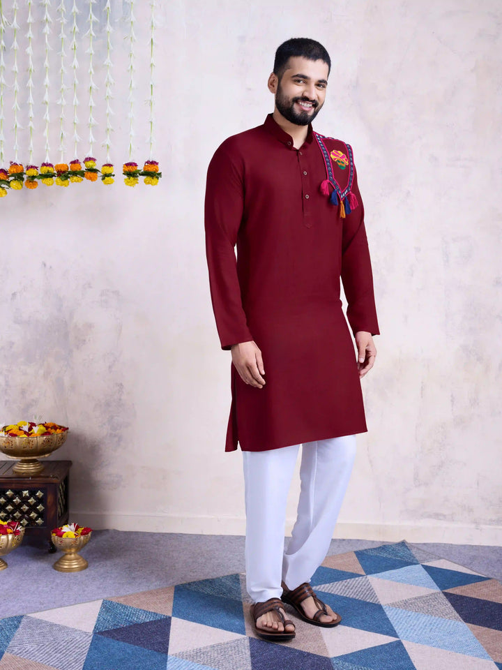 Fine Colored Rayon Kurta Pair | Mirror Embroidery Festive Ethnic Wear for Men
