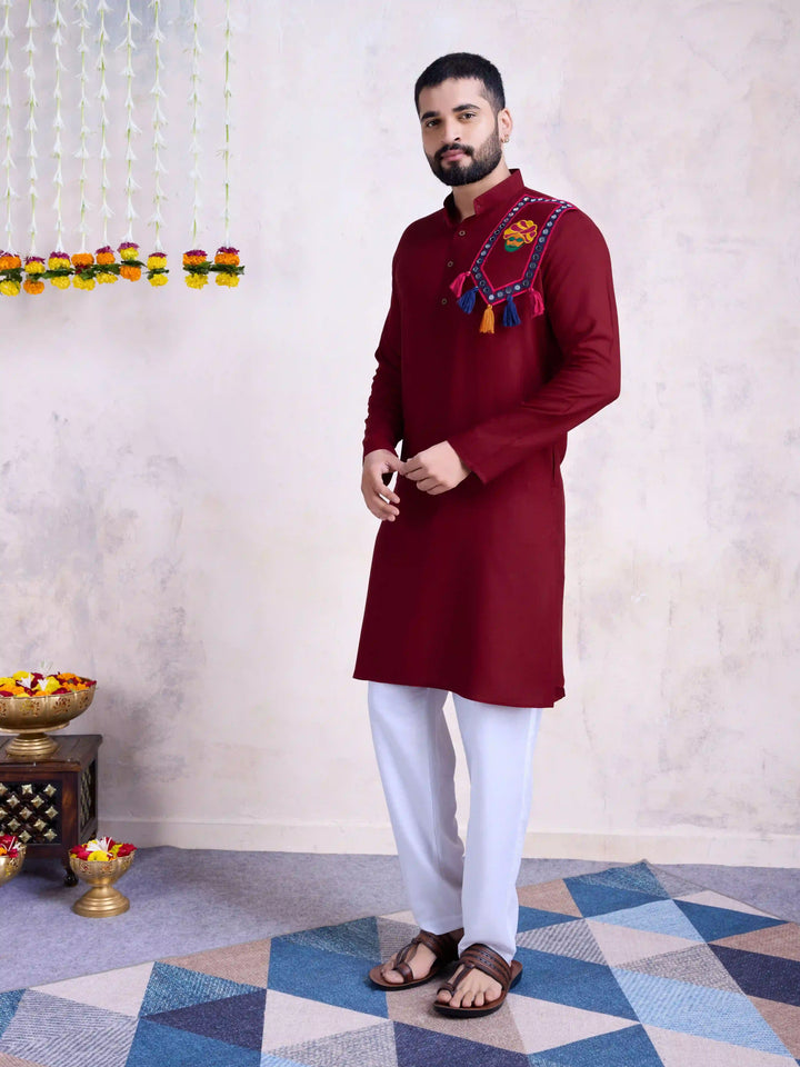 Fine Colored Rayon Kurta Pair | Mirror Embroidery Festive Ethnic Wear for Men