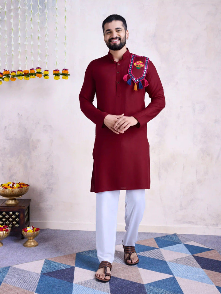 Fine Colored Rayon Kurta Pair | Mirror Embroidery Festive Ethnic Wear for Men