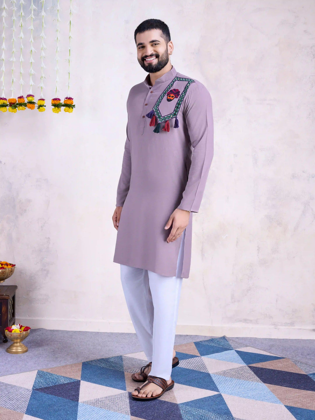 Fine Colored Rayon Kurta Pair | Mirror Embroidery Festive Ethnic Wear for Men