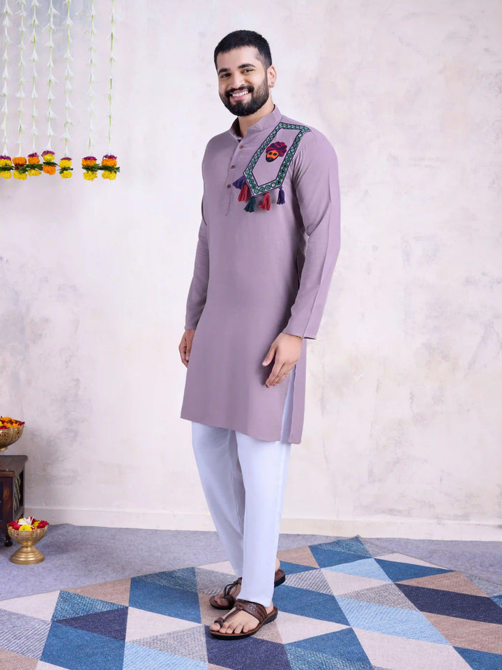 Fine Colored Rayon Kurta Pair | Mirror Embroidery Festive Ethnic Wear for Men