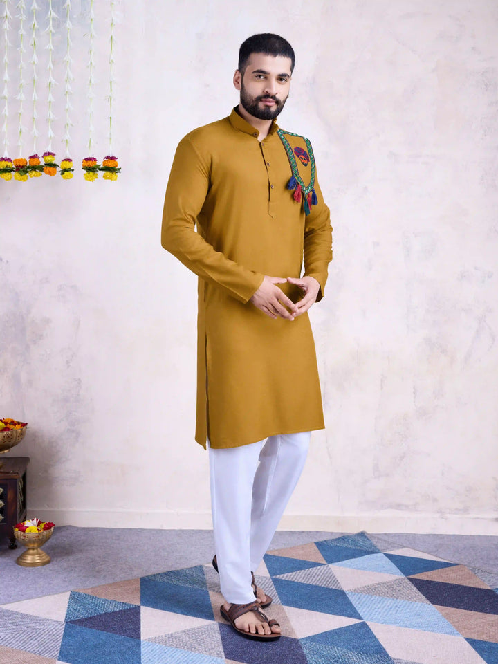 Fine Colored Rayon Kurta Pair | Mirror Embroidery Festive Ethnic Wear for Men