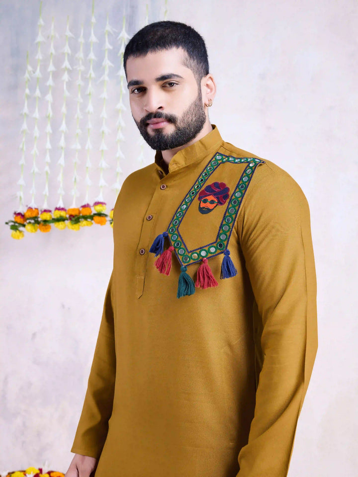 Fine Colored Rayon Kurta Pair | Mirror Embroidery Festive Ethnic Wear for Men