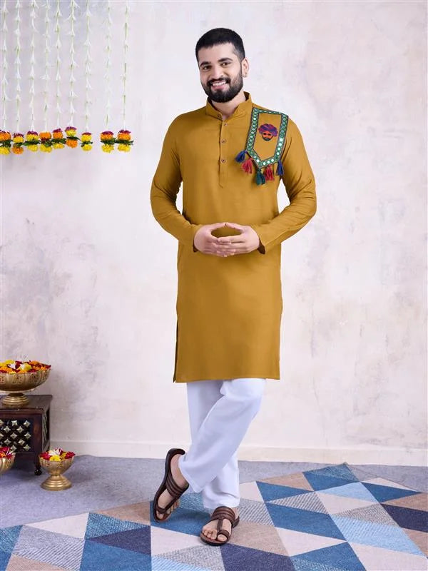 Fine Colored Rayon Kurta Pair | Mirror Embroidery Festive Ethnic Wear for Men