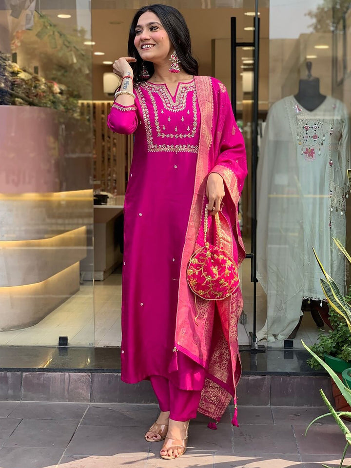 Wonderful Rani Pink Hand Work Viscose Engagement Wear Pant Suit