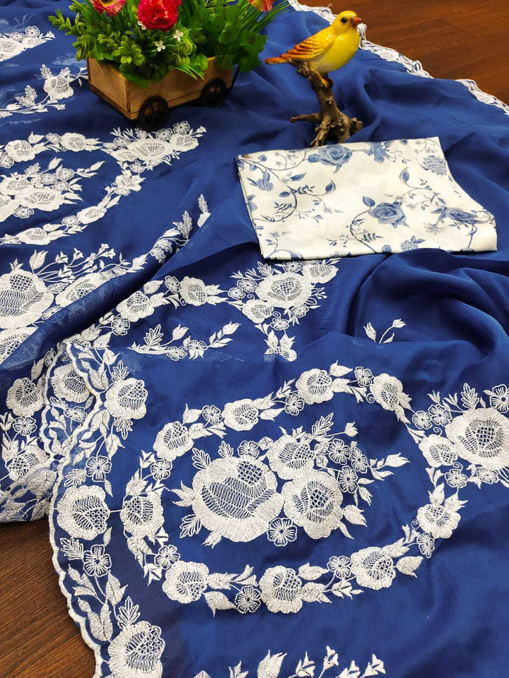 Beautiful Blue Thread Embroidered Organza Lucknowi Saree With Blouse