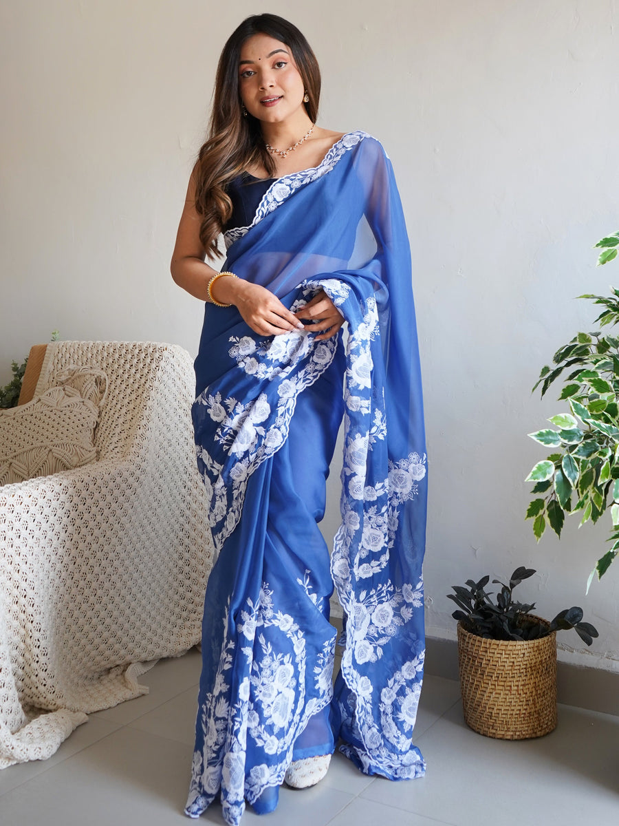 Beautiful Blue Thread Embroidered Organza Lucknowi Saree With Blouse