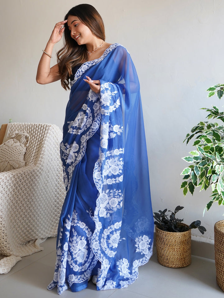 Beautiful Blue Thread Embroidered Organza Lucknowi Saree With Blouse