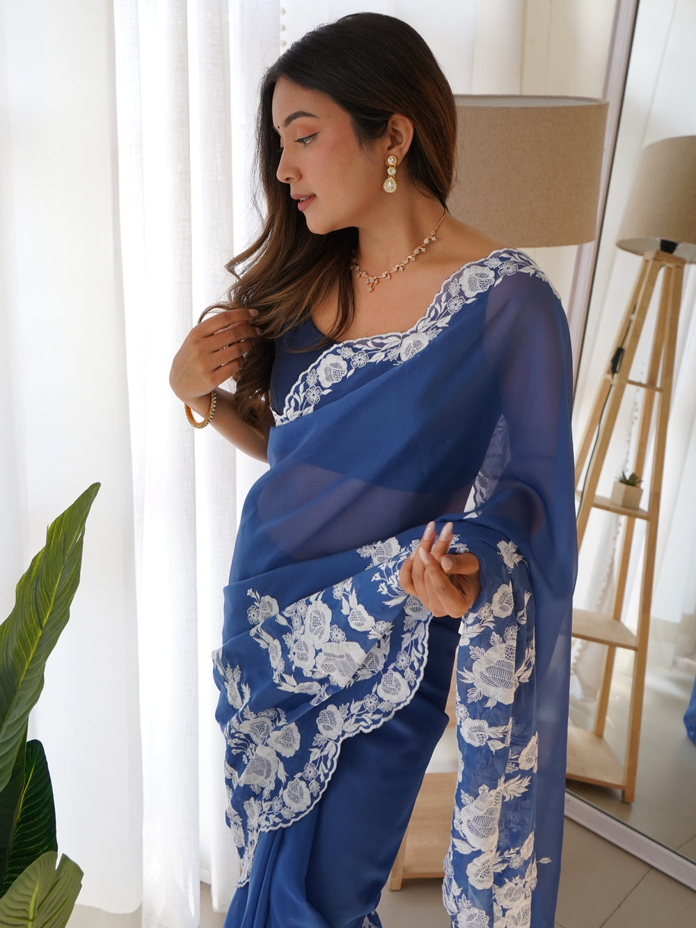 Beautiful Blue Thread Embroidered Organza Lucknowi Saree With Blouse