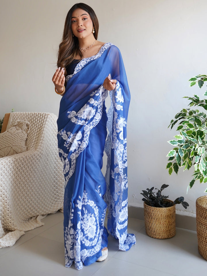 Beautiful Blue Thread Embroidered Organza Lucknowi Saree With Blouse