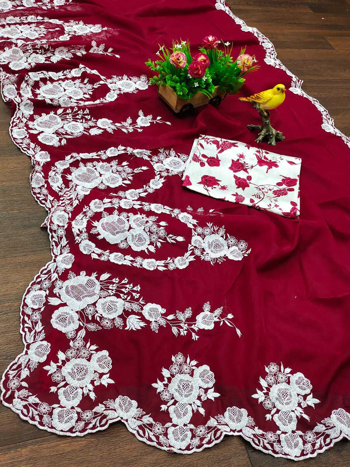 Gorgeous Red Thread Work Organza Festival Wear Saree With Blouse