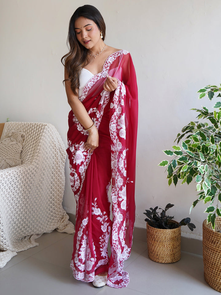 Gorgeous Red Thread Work Organza Festival Wear Saree With Blouse