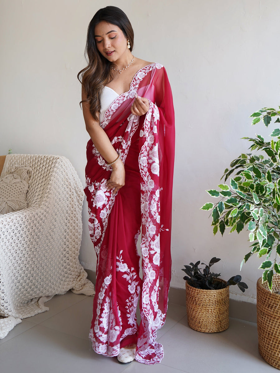 Gorgeous Red Thread Work Organza Festival Wear Saree With Blouse