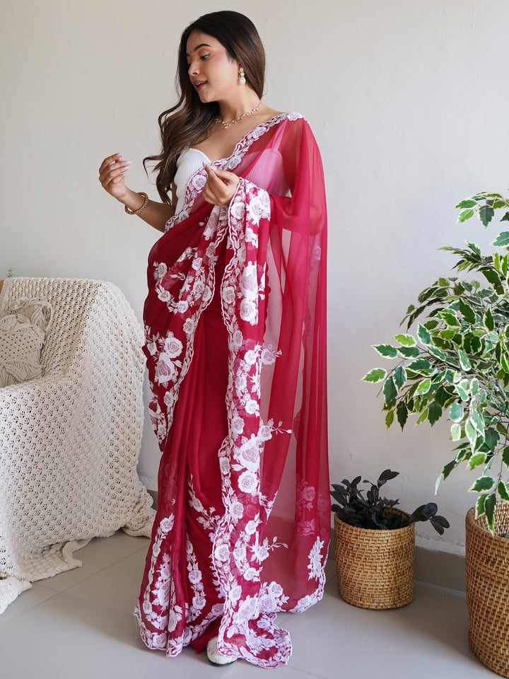 Gorgeous Red Thread Work Organza Festival Wear Saree With Blouse
