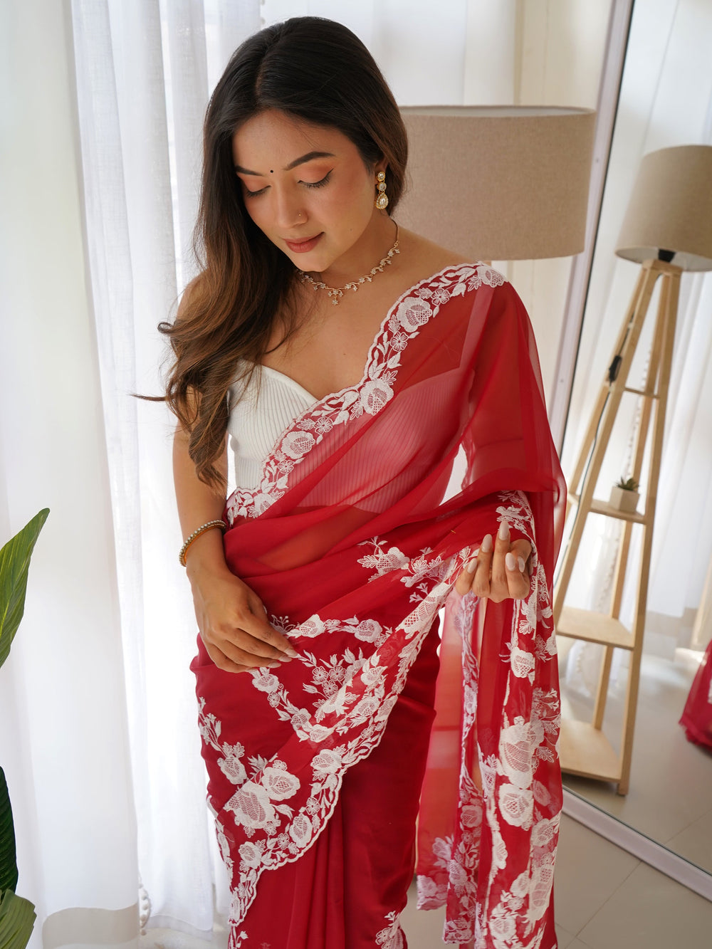 Gorgeous Red Thread Work Organza Festival Wear Saree With Blouse