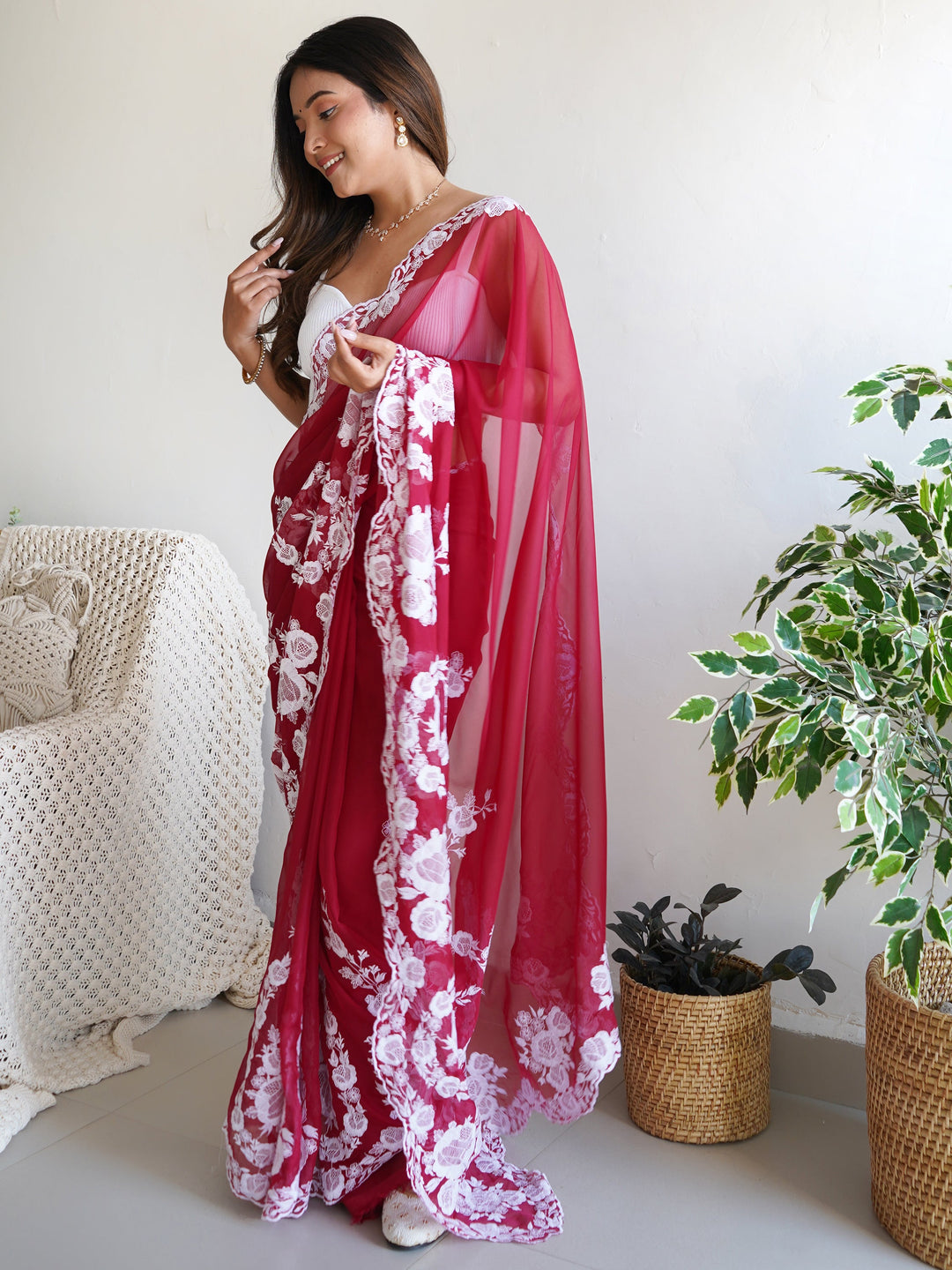 Gorgeous Red Thread Work Organza Festival Wear Saree With Blouse