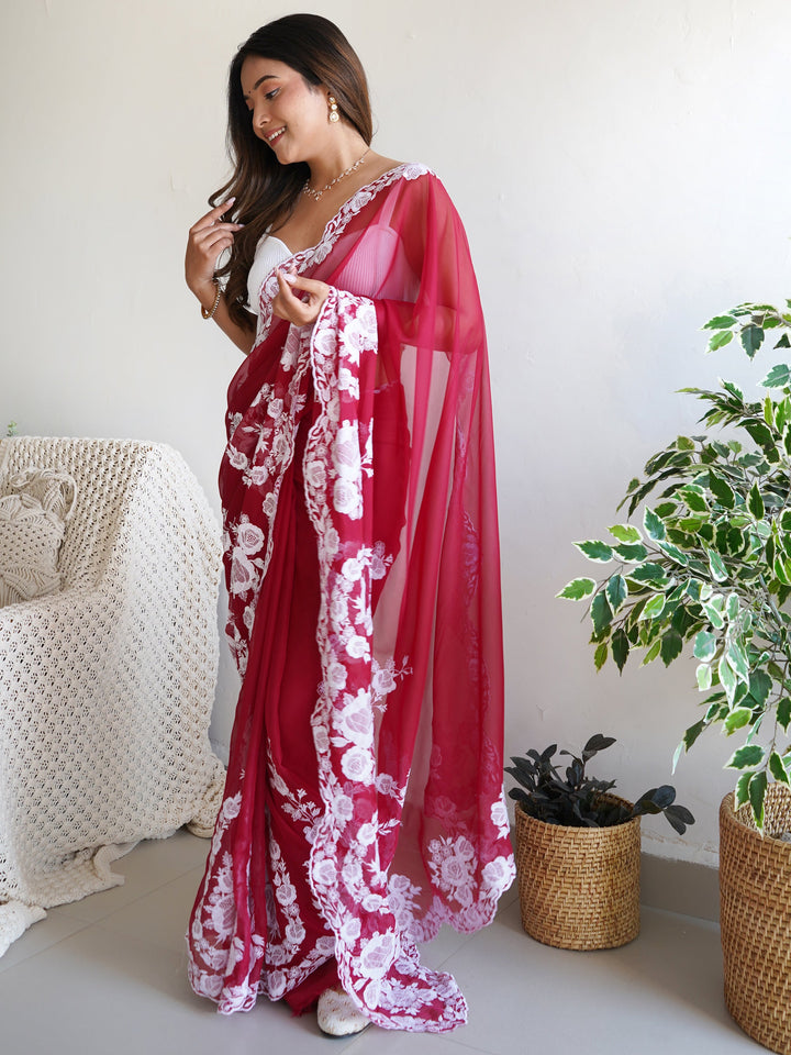 Gorgeous Red Thread Work Organza Festival Wear Saree With Blouse