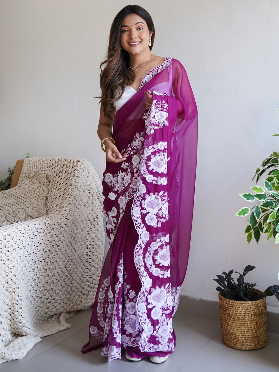 Attractive Purple Thread Work Organza Lucknowi Saree With Blouse