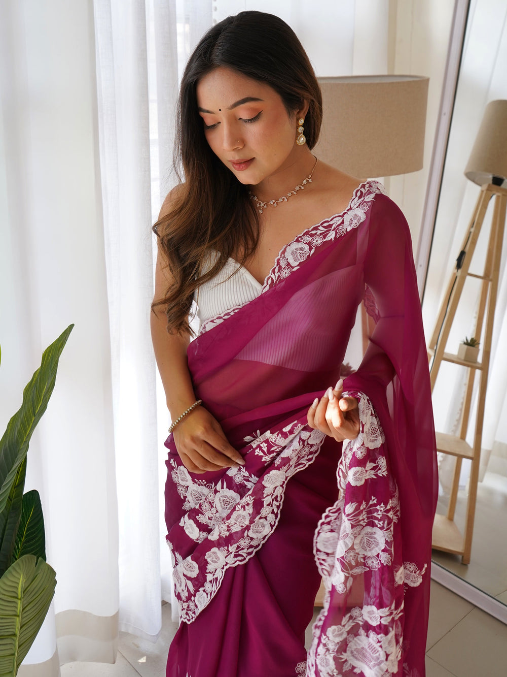 Attractive Purple Thread Work Organza Lucknowi Saree With Blouse