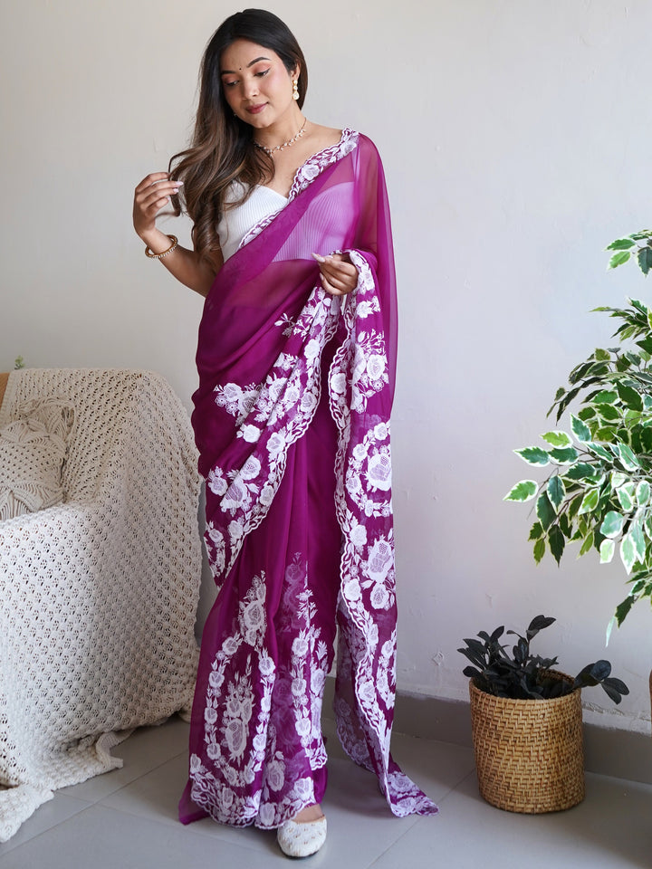 Attractive Purple Thread Work Organza Lucknowi Saree With Blouse