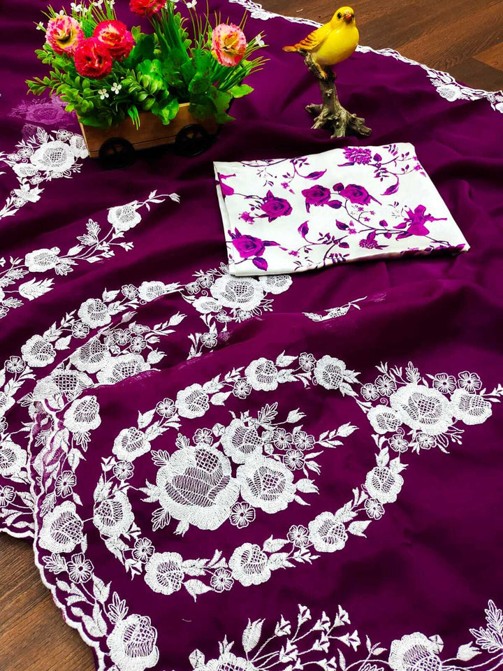 Attractive Purple Thread Work Organza Lucknowi Saree With Blouse