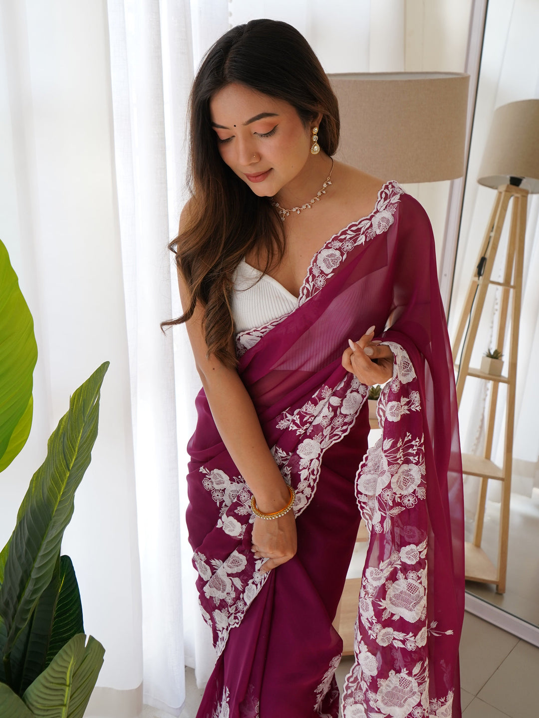 Attractive Purple Thread Work Organza Lucknowi Saree With Blouse