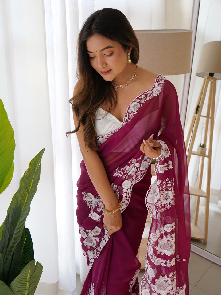 Attractive Purple Thread Work Organza Lucknowi Saree With Blouse