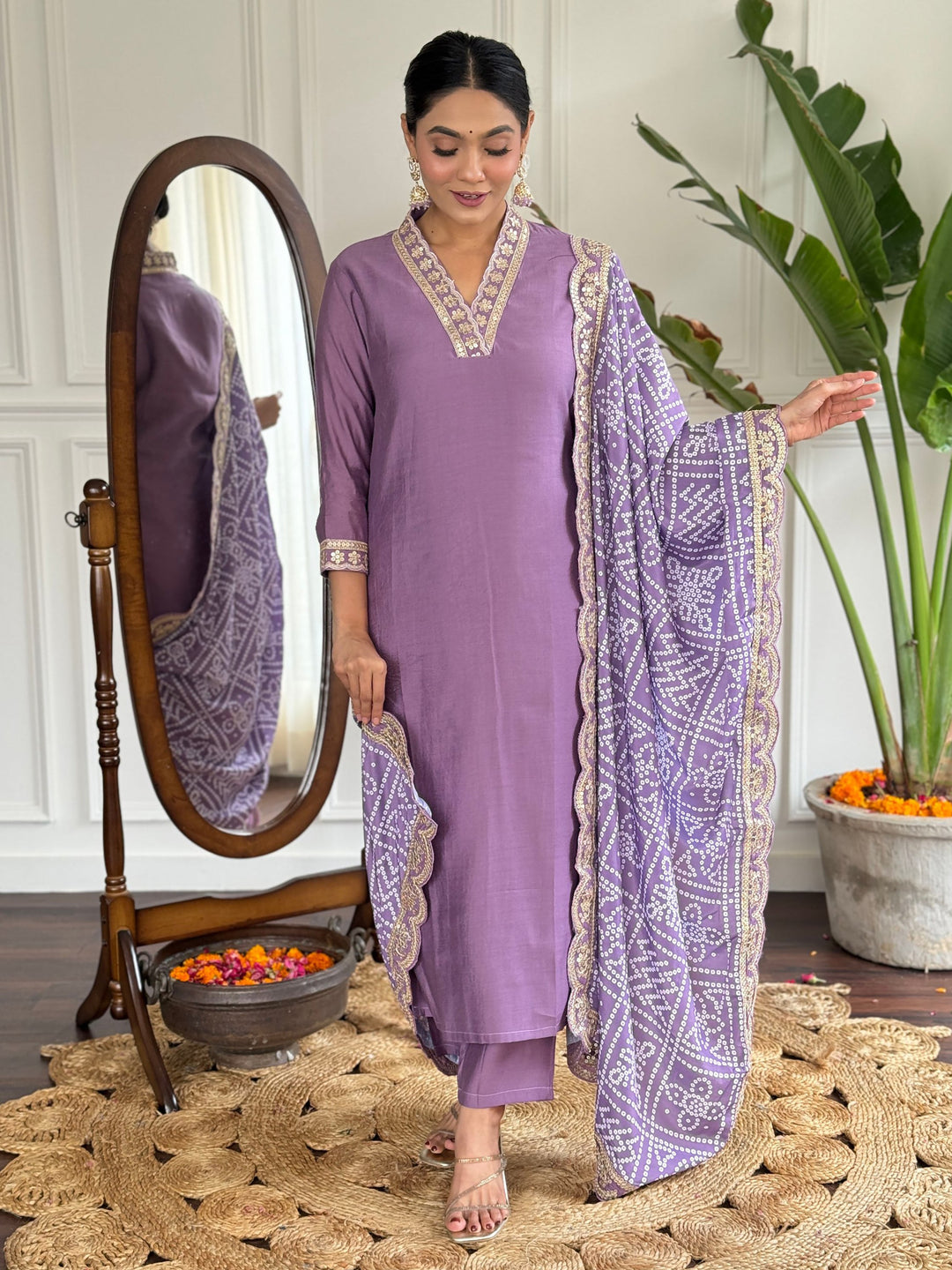 Stunning Purple Viscose Traditional | Pant Suit With Bandhani Dupatta Collection