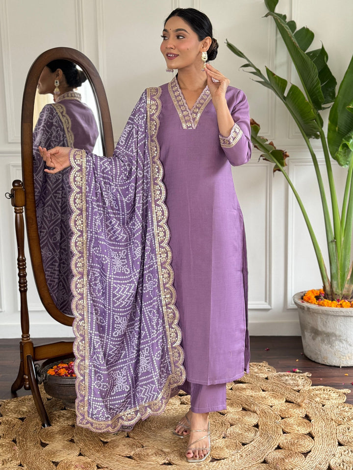 Stunning Purple Viscose Traditional | Pant Suit With Bandhani Dupatta Collection