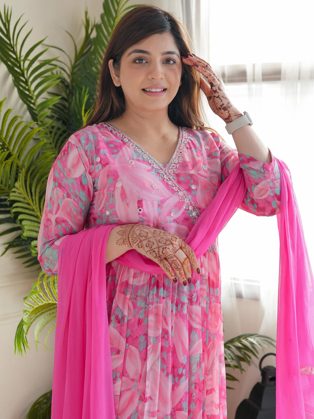 Fabulous Pink Floral Printed Chinon Pant Suit With Dupatta