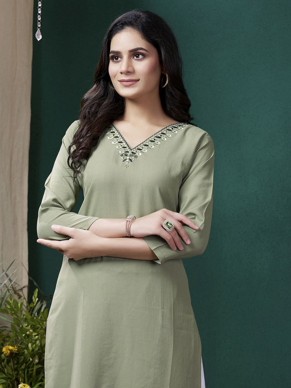 Stunning Olive Green Embroidered Cotton Casual Wear Kurti With Pant