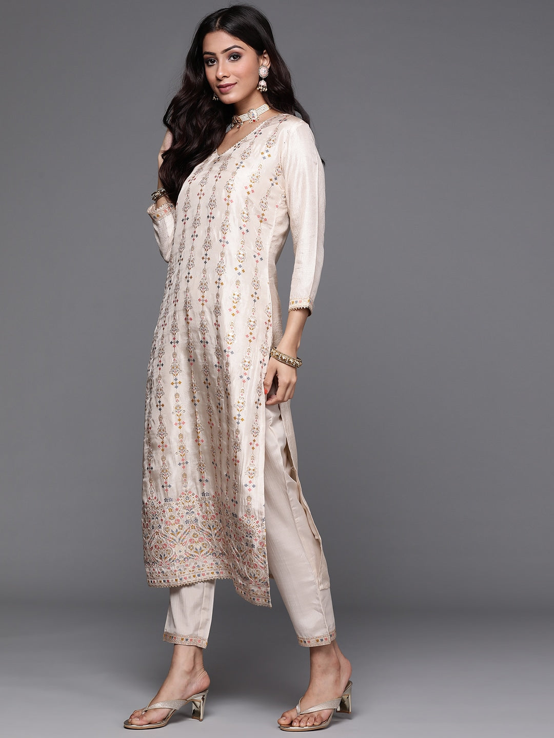 Off-White Viscose Jacquard Salwar Kameez | Stylish Intricate Detailing Ethnic Wear