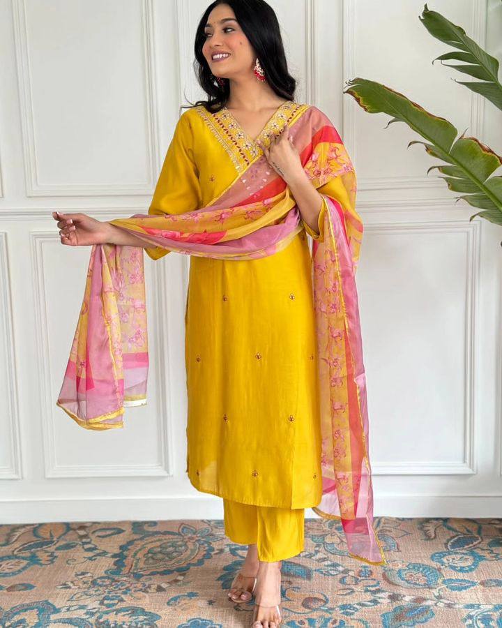 Yellow Viscose Chanderi Salwar Kameez | Designer Embroidery Ethnic Wear