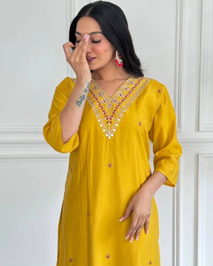 Yellow Viscose Chanderi Salwar Kameez | Designer Embroidery Ethnic Wear