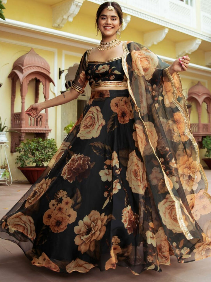 Black Floral Organza Lehenga Choli | Digital Print & Gota Patti Work for festive