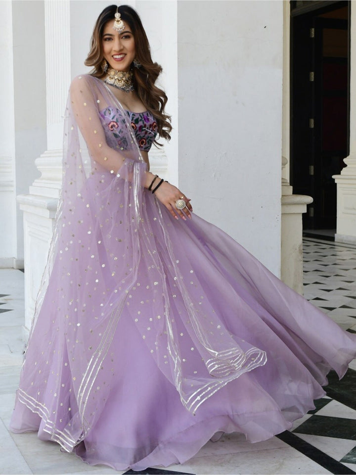 Lavender Organza Net Lehenga Choli with Gota Patti & Embroidery Work |   for parties