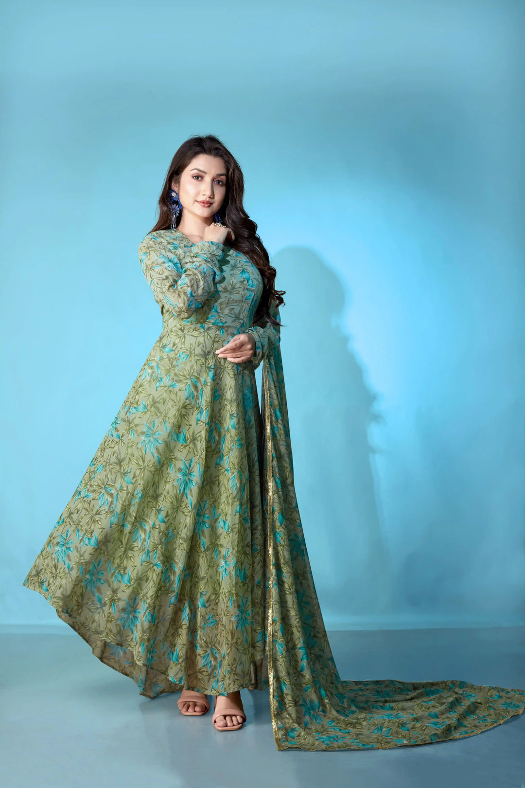 Gorgeous Long Georgette Gown with Dupatta | Vibrant Designer Printed Style