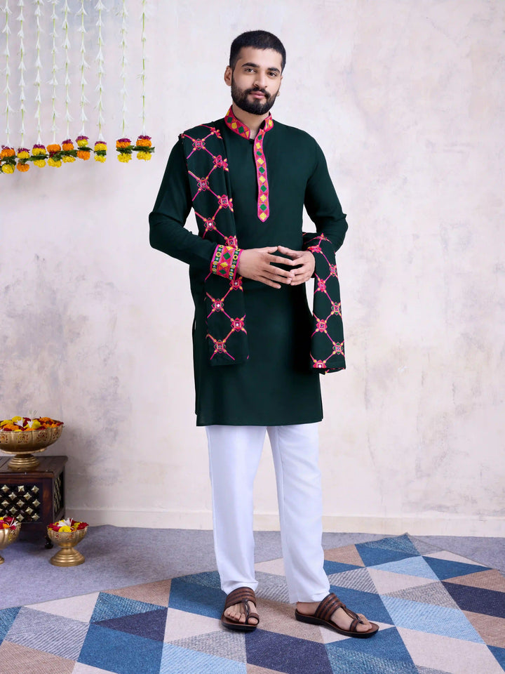 Dark Green Kurta with Dupatta | Rayon Fabric & Mirror Embroidery Work